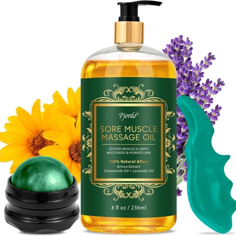 Mothers Day Gifts for Wife, Arnica Sore Muscle Massage Oil for Massage Therapy, with Massage Roller Ball & Thumb Saver Massager, Body Massage Oil with Arnica Oil, (8 Fl Oz)