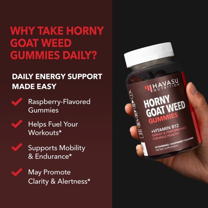 Horny Goat Weed Gummies with Vitamin B12 - Energy, Endurance & Performance Support for Men and Women - 60 Count - Vegetarian-Friendly, Non-GMO, Pectin-Based - Raspberry Flavor, 1 Month Supply - Image 6