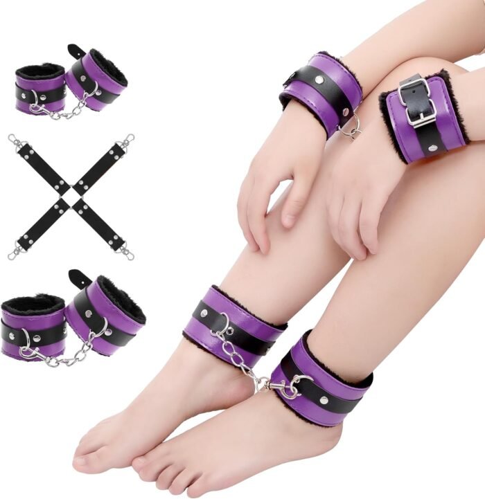 Rbenxia 12 PCS Sex Bondage BDSM Restraints Kits Fetish Handcuffs Ankle Cuff Collar Blindfold Whip Rope Nipple Clamps Paddle Anal Toys Ball Gag Adult Games Foreplay Sexy Toys Couples (Purple & Black) - Image 7