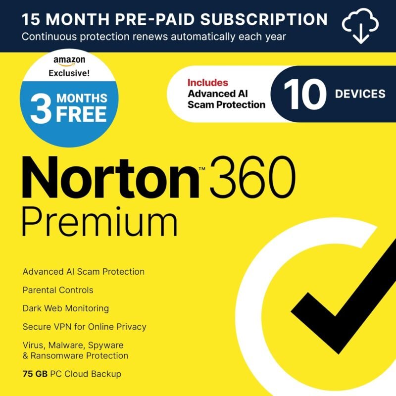 Norton 360 Premium 2025, Antivirus software for 10 Devices with Auto-Renewal – 3 MONTHS FREE - Includes Advanced AI Scam Protection, VPN, Dark Web Monitoring & PC Cloud Backup [Download]