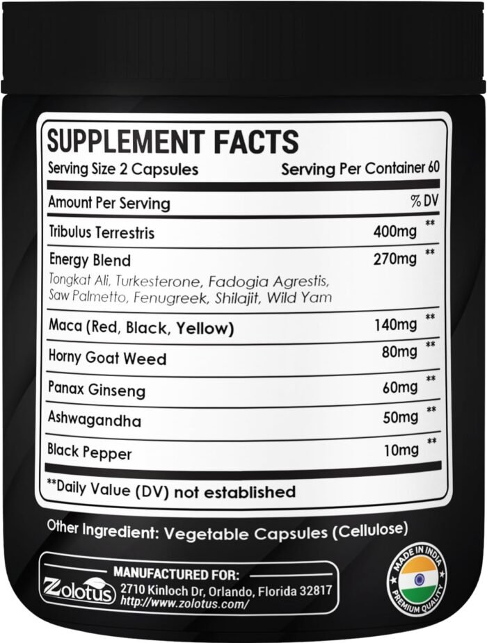 Zolotus 13in1 Tribulus Terrestris Capsules with Maca, Horny Goat Weed, Panax Ginseng, Saw Palmetto, Tongkat Ali, Shilajit & More - Energy, Stamina Supplement for Men & Women - 120 Counts - Image 2