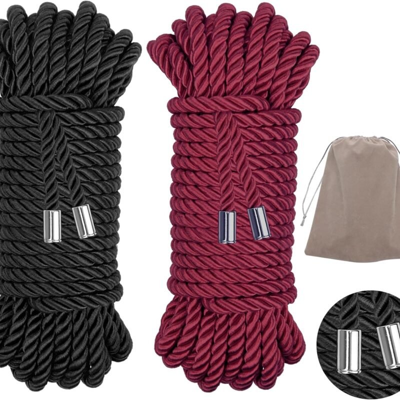 2-Pack Soft Silk Rope with Storage Bag, Twisted Trim Cord 32 Feet/7MM Nylon Twisted Cord Trim Thread String Ropes Satin Shiny(Wine red+Black)