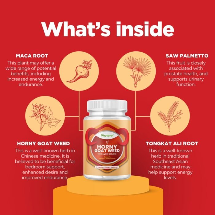 Pure Horny Goat Weed Extract with Maca Powder – Immune Support – Helps Increase Drive and Stamina – Booster for Men and Women Tongkat Ali Plus L-Arginine Increases Energy – 60 Capsules - Image 5