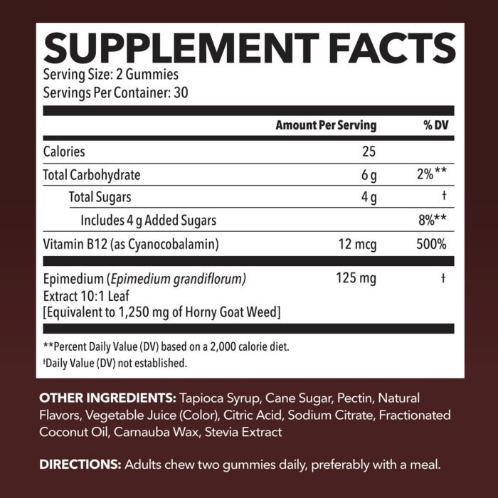 Horny Goat Weed Gummies with Vitamin B12 - Energy, Endurance & Performance Support for Men and Women - 60 Count - Vegetarian-Friendly, Non-GMO, Pectin-Based - Raspberry Flavor, 1 Month Supply - Image 2