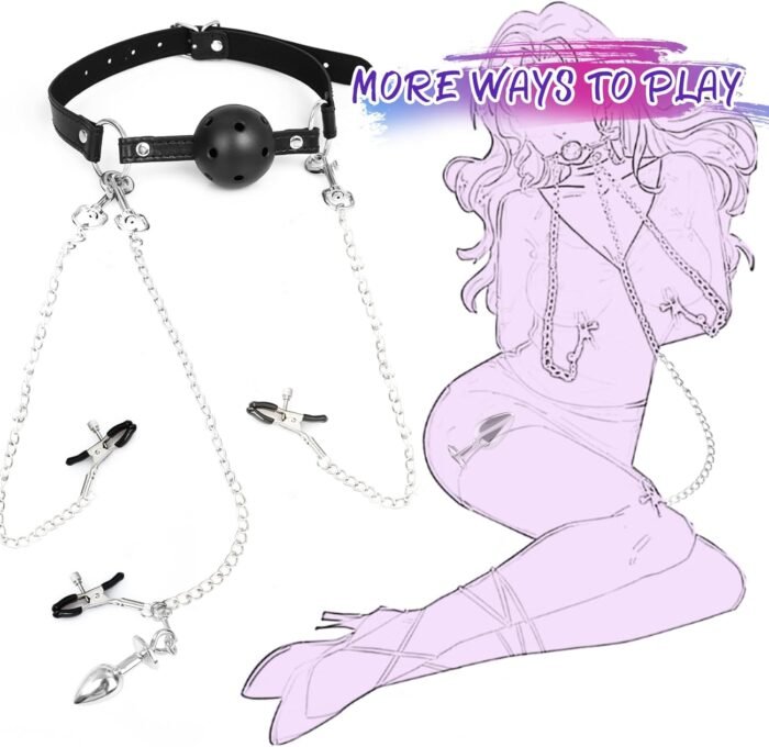 Sex Bondage BDSM Bondaged Restraints Set Sex Toy with Breathable Ball Gag Nipple Clamp Clitoris Clip & Analplug Included Adults SM Games Sex Toys for Couples - Image 3