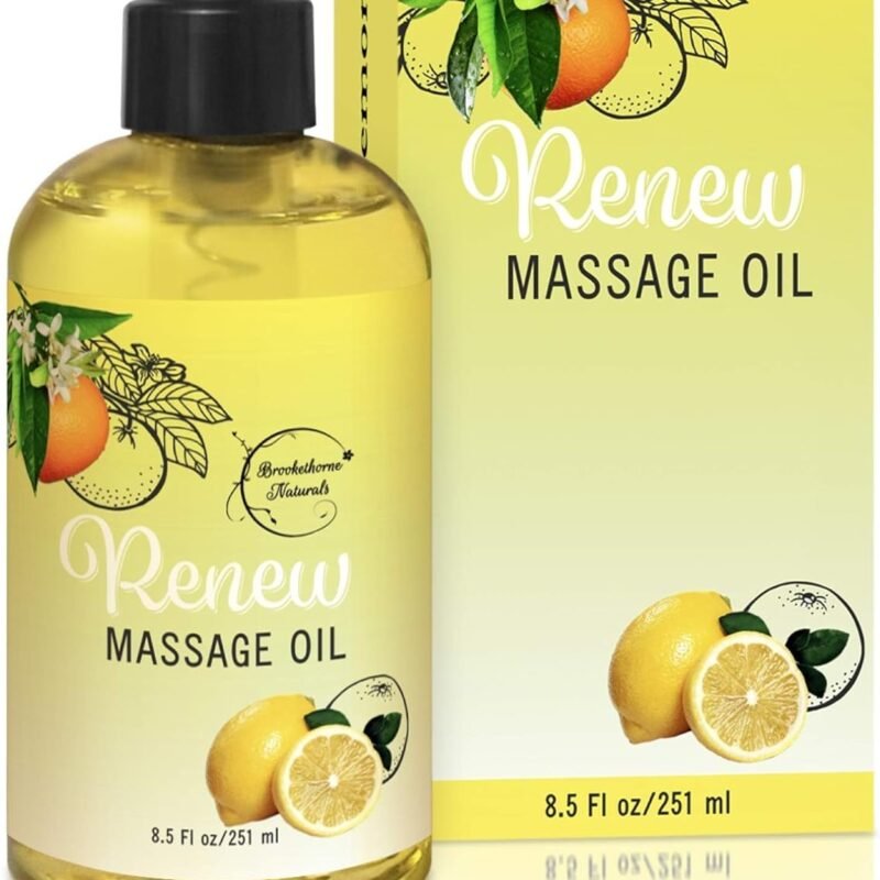 Renew Massage Oil with Orange, Lemon & Peppermint Essential Oils - Great for Massage Therapy or Home use. Ideal for Full Body – with Almond, Grapeseed & Jojoba – by Brookethorne Naturals