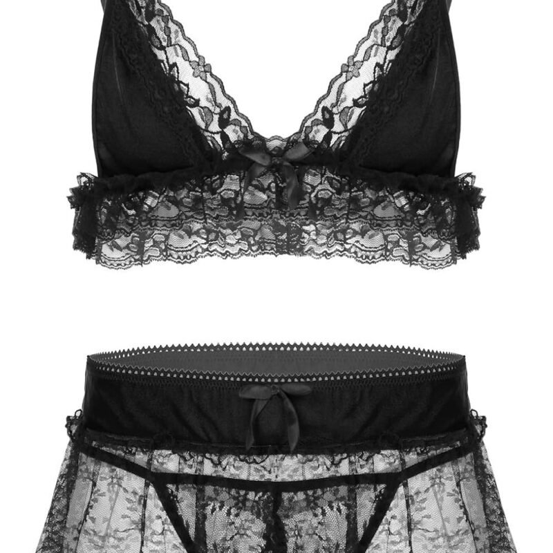 Choomomo Men's Sissy Lingerie Set Ruffled Sheer Lace Nightwear Babydoll Crossdressing Underwear
