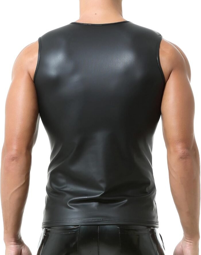 QiaTi Men's Faux Leather Undershirt Wetlook Tank Top Shirt Chest Lace Up Sleeveless Vest Sport Muscle - Image 2