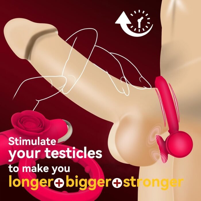 Vibrating Cock Ring with Mini Vibrator, Mikilnqilo Male Sex Toys Penis Vibrator Extender to Enlarge Sleeve Girth, Delay Ejaculation Erection, Rose Clitoral Stimulator for Couples Sex Toy, Red - Image 3