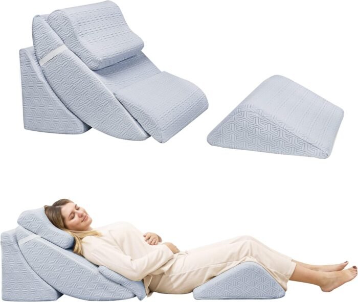 5pcs Orthopedic Bed Wedge Pillow Set, Adjustable Memory Foam, Post Surgery Foam for Back Neck & Leg Pain Relief Support, Acid Reflux, Snoring Reading, Sleeping, Sitting up, Blue
