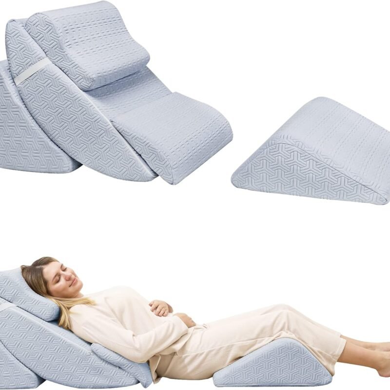 5pcs Orthopedic Bed Wedge Pillow Set, Adjustable Memory Foam, Post Surgery Foam for Back Neck & Leg Pain Relief Support, Acid Reflux, Snoring Reading, Sleeping, Sitting up, Blue