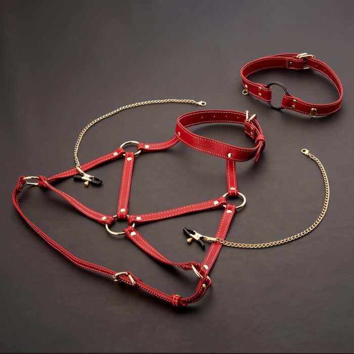 UTIMI Bondage Restraints BDSM Sex Toys Adjustable Bondage Gear & Accessories for Adult Couples, Chest Harness, Nipple Clamp, Neck Collar, and Open Mouth Gag 4 in-1 Sexy Toys Set Sex Game Tool, Red - Image 7