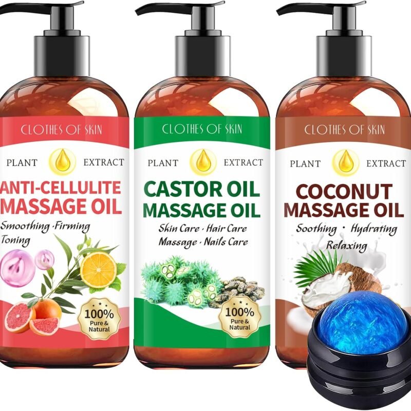 Cellulite Oil & Organic Castor Oil & Coconut Oil for Skin Massage Oil for Massage Therapy,Natural Body Oil Massage Oil for Date Night,Massage Kit for Relaxing with Roller Ball,Spa Gifts for Women Men