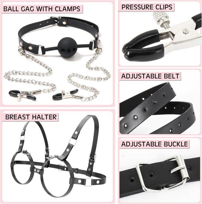 BDSM Sex Bondage Breast Restraints, B to D Cup Chest Harness Boobs Cincher with Silicone Ball Gag & Nipple Clamps, Sex Harness Kinky Lingerie Bra SM Games Sex Toys for Women Couples Beginner (Black) - Image 3