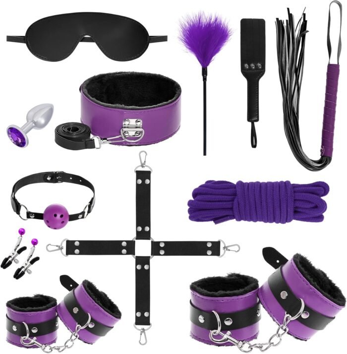 Rbenxia 12 PCS Sex Bondage BDSM Restraints Kits Fetish Handcuffs Ankle Cuff Collar Blindfold Whip Rope Nipple Clamps Paddle Anal Toys Ball Gag Adult Games Foreplay Sexy Toys Couples (Purple & Black)