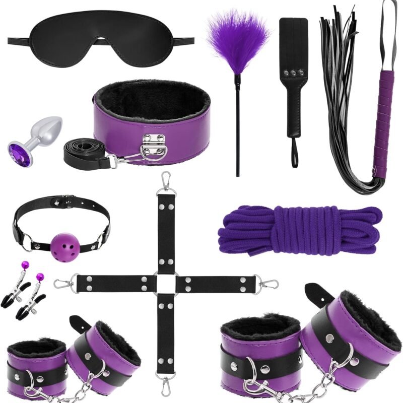Rbenxia 12 PCS Sex Bondage BDSM Restraints Kits Fetish Handcuffs Ankle Cuff Collar Blindfold Whip Rope Nipple Clamps Paddle Anal Toys Ball Gag Adult Games Foreplay Sexy Toys Couples (Purple & Black)