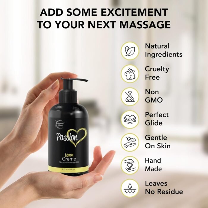 Passion Sensual Massage Oil for Date Night | 100% Natural Body Oil for Couples with Jojoba & Almond | Aromatherapy & Relaxing Massage Therapy | Perfect Glide & Smooth Skin | Lemon Crème Scent - Image 5