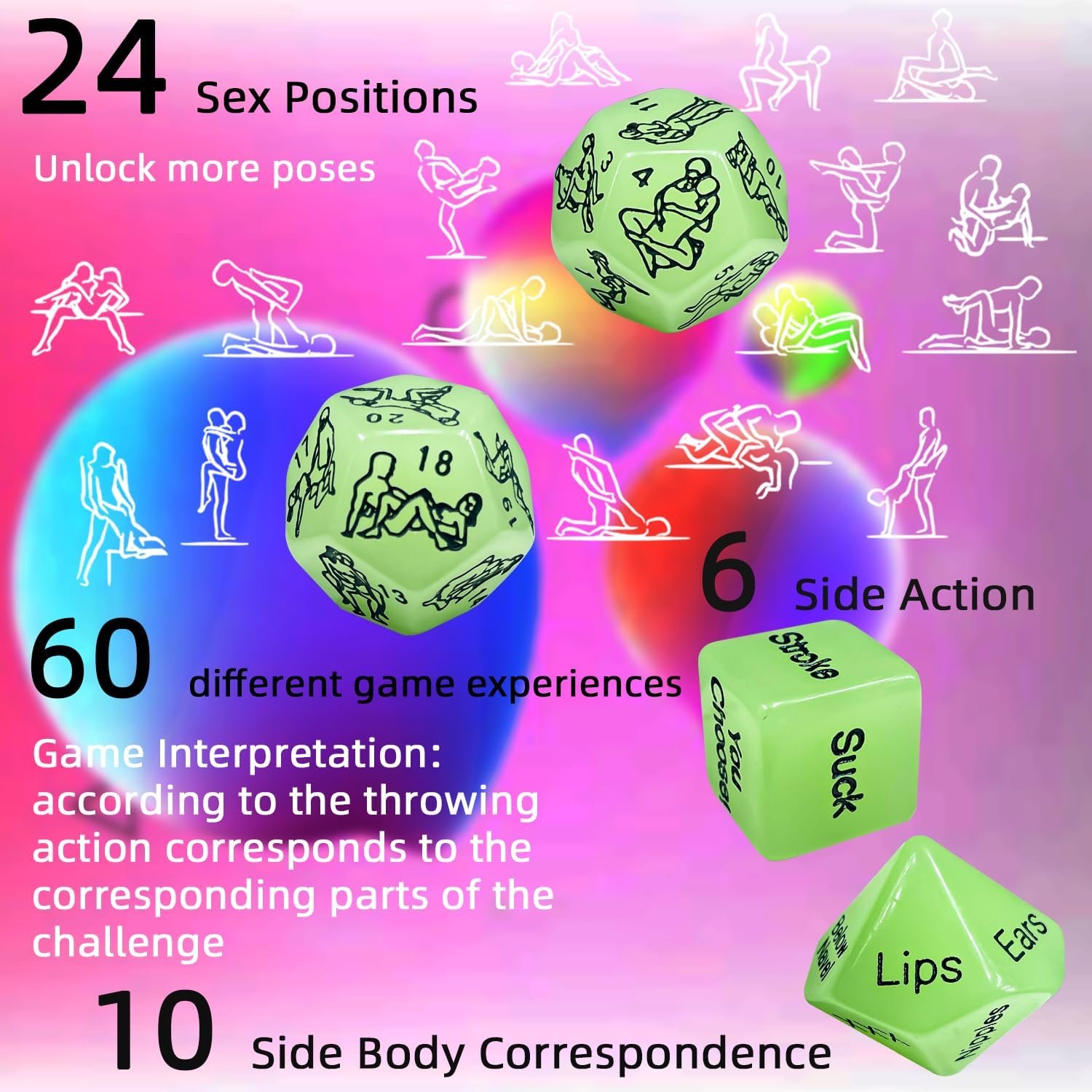 24 Body Parts Glow-in-The-Dark Sex Dice Couples Sex Games Couples Sex Toys Gift Ideas Date Night Dice Adult Sex Games Couples Sex Toys Bedroom Sex Games Kinky Naughty Dice (Greener) - Image 3