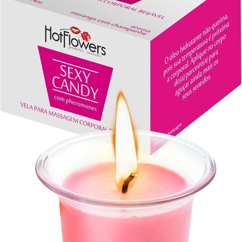 HOT Flowers Strawberry-Champagne Body Massage Candle - Kissable with Pheromones - Coconut Oil Cocoa Butter Beeswax Made - Low Heat Temp, Skin Safe Moisturize - 40g (1)