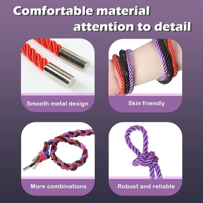 BDSM Couple Intimate Bondage Set - Soft and Multifunctional Sex Rope - Bedroom Adult Bondage Toy - Perfect for Bondage Beginners (4x8ft Black+2x16ft red+32ft Purple) - Image 6