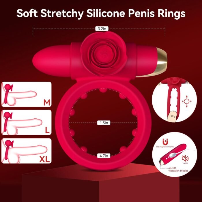 Vibrating Cock Ring with Mini Vibrator, Mikilnqilo Male Sex Toys Penis Vibrator Extender to Enlarge Sleeve Girth, Delay Ejaculation Erection, Rose Clitoral Stimulator for Couples Sex Toy, Red - Image 6
