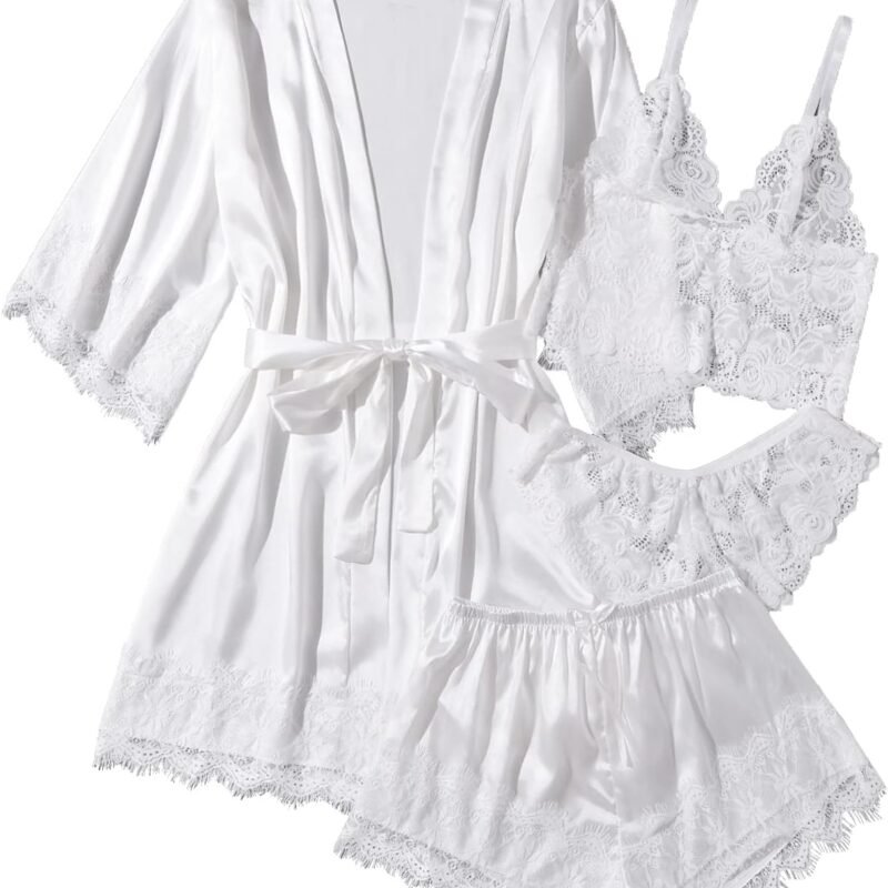 WDIRARA Women' Silk Satin Pajamas Set 4pcs Lingerie Floral Lace Cami Sleepwear with Robe