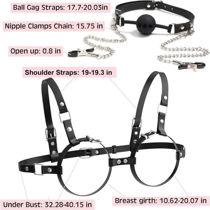 BDSM Sex Bondage Breast Restraints, B to D Cup Chest Harness Boobs Cincher with Silicone Ball Gag & Nipple Clamps, Sex Harness Kinky Lingerie Bra SM Games Sex Toys for Women Couples Beginner (Black) - Image 5