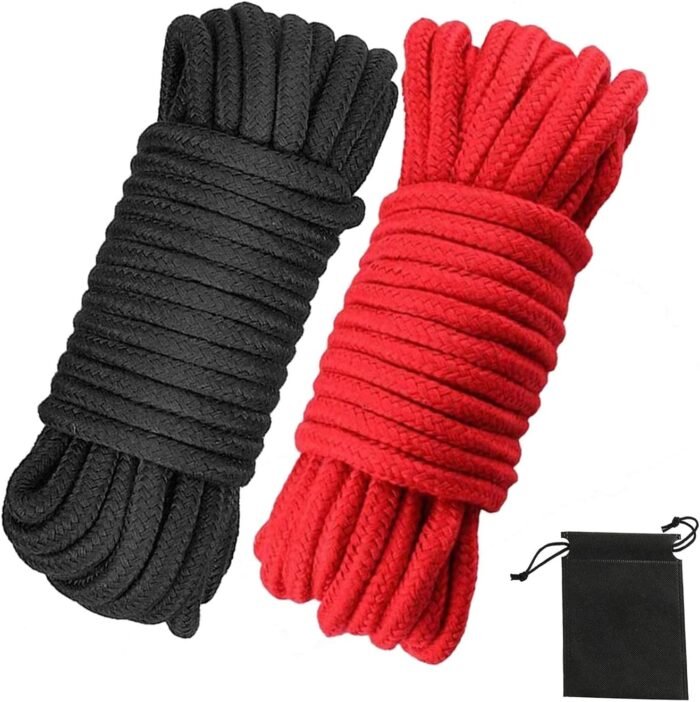 Soft Cotton Rope, 32 feet / 10m Rope, 8mm Thick, Soft Rope, Long Rope, Soft Tying Rope (Black+Red+Bag)