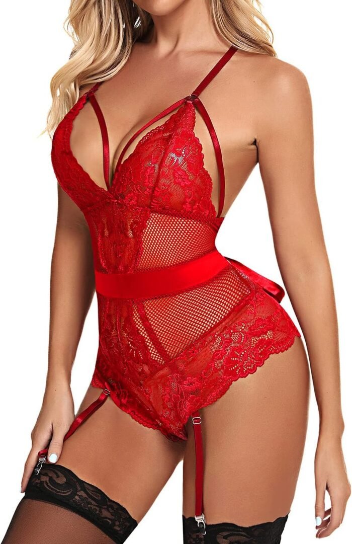 Donnalla Women Lingerie Set with Garter Belt Sexy Lace Bodysuit Fishnet One Piece Teddy (No Stockings) - Image 2
