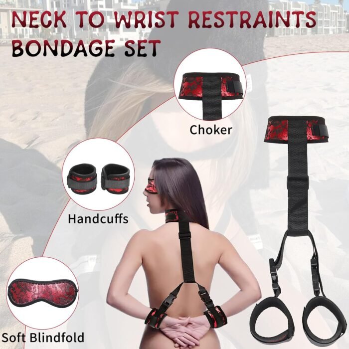 BDSM Neck to Wrist Restraints Bondage Set - Behind Back Handcuffs Collar with Blindfold Adjustable Bondage Set Bed SM Games Play Sex Toys for Couples Red - Image 2
