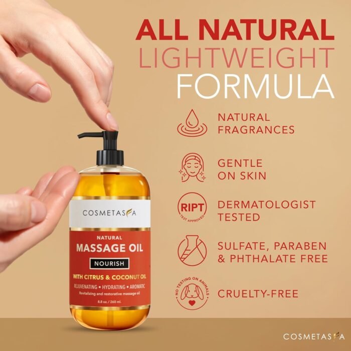 Natural Nourishing Massage Oil with Massage Roller Ball - Therapeutic Citrus & Coconut Massage Oils with Rejuvenating, Hydrating & Aromatic Essential Oils for Dry Skin, Soothes Muscle & Joints 8.8 oz - Image 5