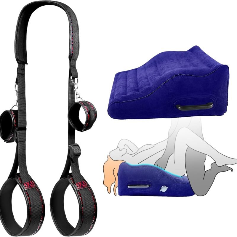 Sex Toys Inflatable Sex Pillow Cushion with Sex Leather Bondage Restraints, Curved Design Sex Ramp Furniture with Handles for Deep Position Support, BDSM Kit Leg Straps & Handcuffs Couple Play