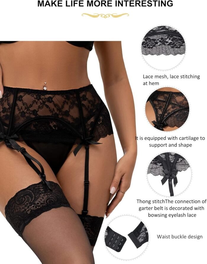 comeondear Eyelash Lace Garter Belts with G-String for Thigh Highs Plus Size Black Garter Lingerie for Women - Image 5