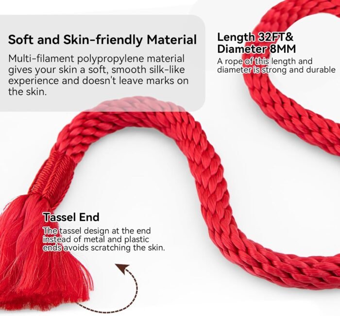 AOLEBA Skin Friendly 8mm Soft Silk Rope, Rope for Knot Tying Practice Beginners, Multiple Strands Braided Polypropylene Rope, 2 Sets 32 Ft Ropes with Storage Dust Bag (Red and Green) - Image 4