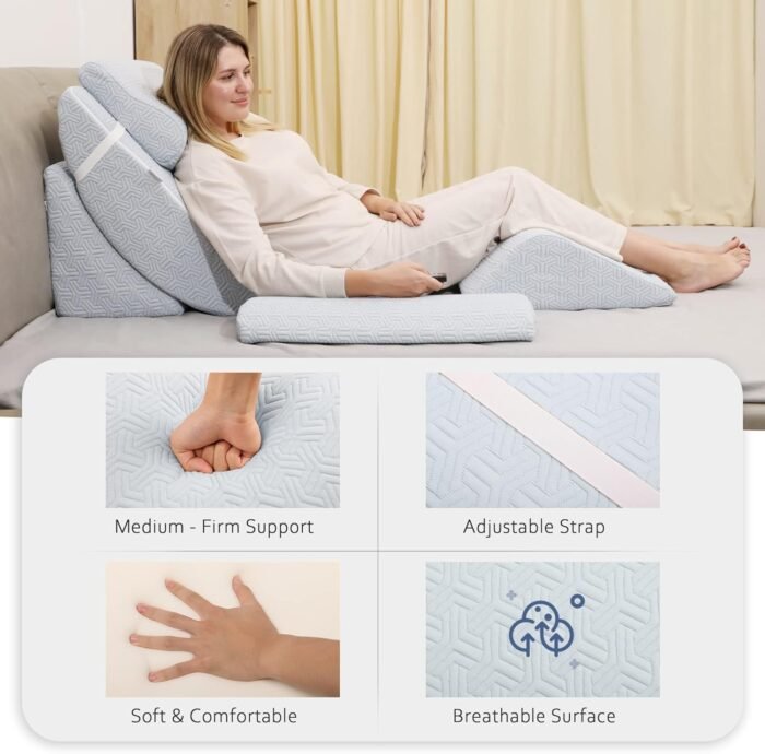 5pcs Orthopedic Bed Wedge Pillow Set, Adjustable Memory Foam, Post Surgery Foam for Back Neck & Leg Pain Relief Support, Acid Reflux, Snoring Reading, Sleeping, Sitting up, Blue - Image 5