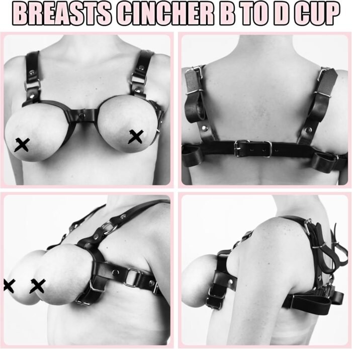 BDSM Sex Bondage Breast Restraints, B to D Cup Chest Harness Boobs Cincher with Silicone Ball Gag & Nipple Clamps, Sex Harness Kinky Lingerie Bra SM Games Sex Toys for Women Couples Beginner (Black) - Image 4