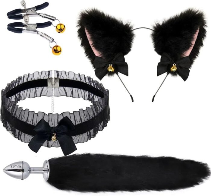 Cute Fox Tail Anal Butt Plug with Faux Silver Fox Tail Butt Plugs with Cat Ears Headband Anal Sex Toys Couples Lover Flirting Libido Stimulation Toys (Color : 4pcs-Black)