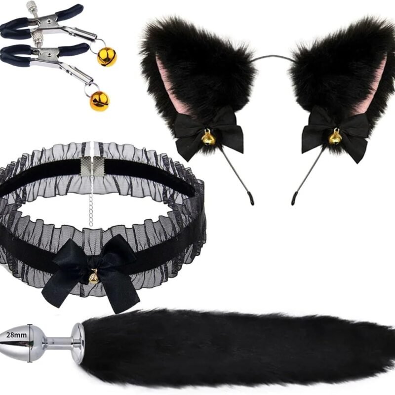 Cute Fox Tail Anal Butt Plug with Faux Silver Fox Tail Butt Plugs with Cat Ears Headband Anal Sex Toys Couples Lover Flirting Libido Stimulation Toys (Color : 4pcs-Black)