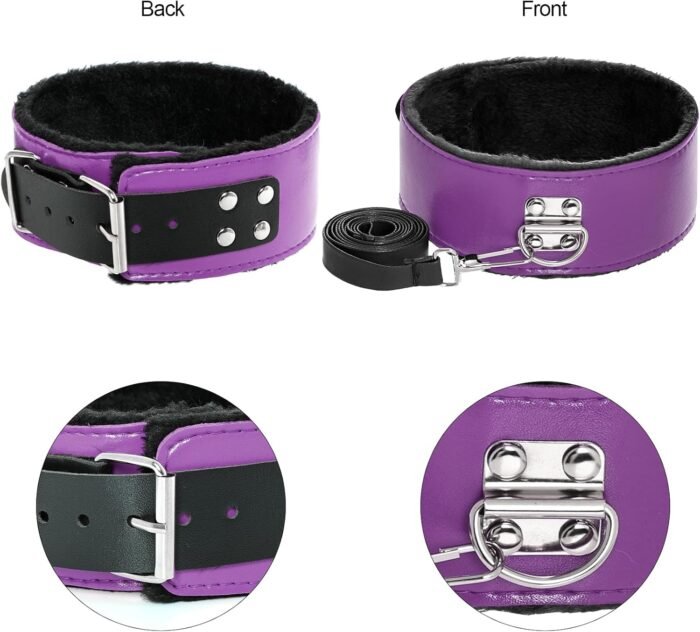 Rbenxia 12 PCS Sex Bondage BDSM Restraints Kits Fetish Handcuffs Ankle Cuff Collar Blindfold Whip Rope Nipple Clamps Paddle Anal Toys Ball Gag Adult Games Foreplay Sexy Toys Couples (Purple & Black) - Image 5