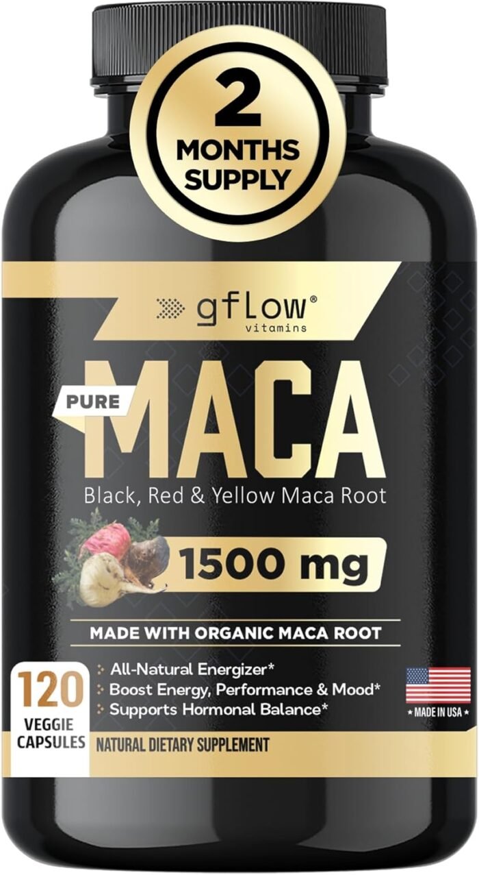 Organic Maca Root Capsules 1500mg - Made with Black, Red, Yellow Peruvian Maca Root Extract & Black Pepper - 120 Vegan Pills - 100% Gelatinized - Supports Energy, Performance & Mood for Men & Women