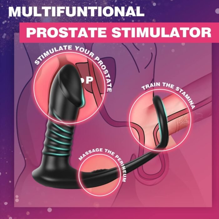 Thrusting Anal Vibrator with Thick Penis Ring, 3*10 Vibrating&Telescopic Prostate Massager Dildo Shaped Anal Plug, TIVINO Silicone Male Sex Toys Gay Toy for Men Masturbation and Foreplay - Image 5