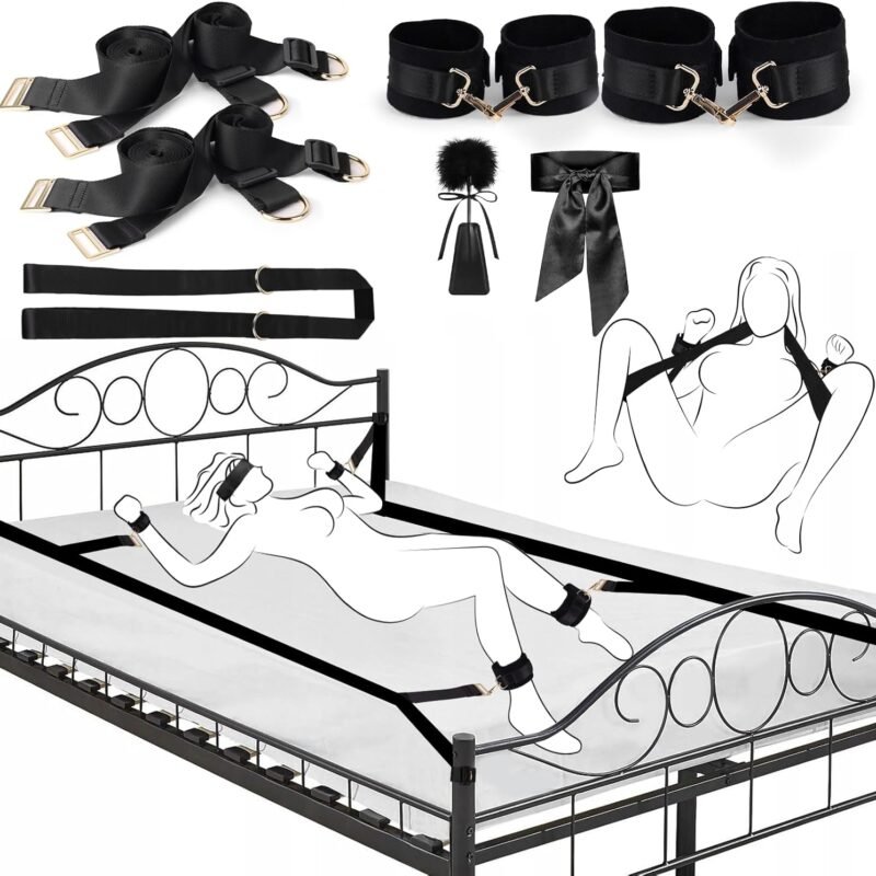 BDSM Bed Restraint Kit Sex Bondage Couples Adult Toys,Jornujna Versatile Sex Straps Adiustable Cuffs and Tickler Blindfold Harness Restraints Set Bondage Gear Accessories for SM Role Play Sex Games