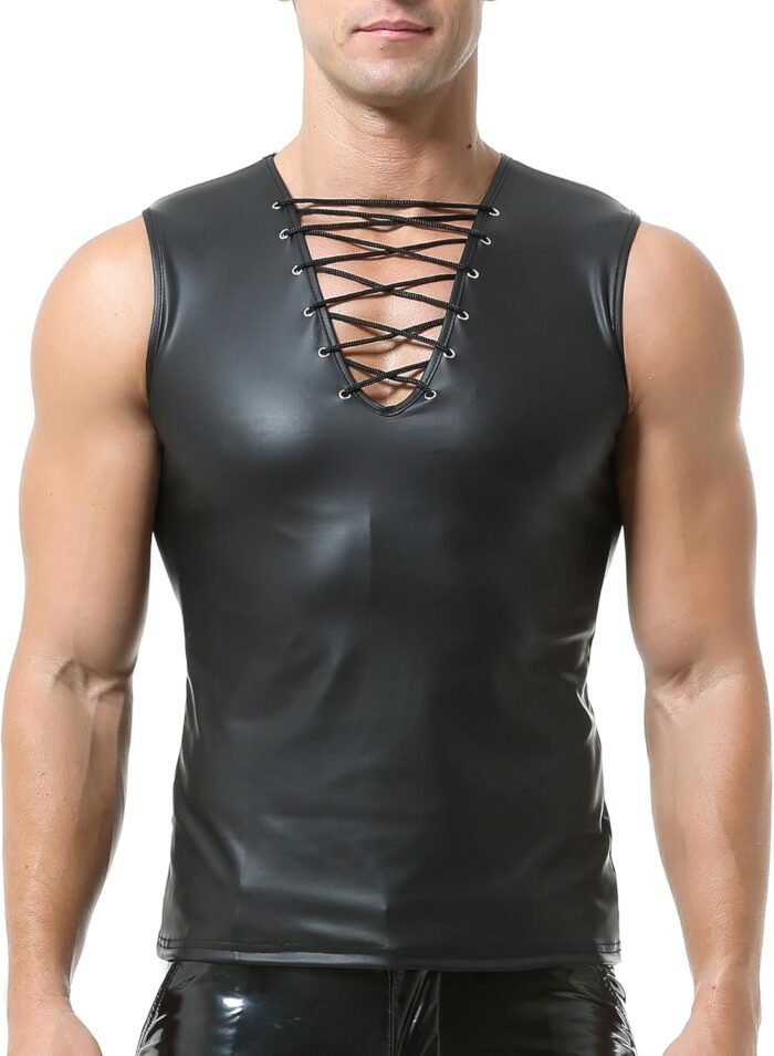 QiaTi Men's Faux Leather Undershirt Wetlook Tank Top Shirt Chest Lace Up Sleeveless Vest Sport Muscle