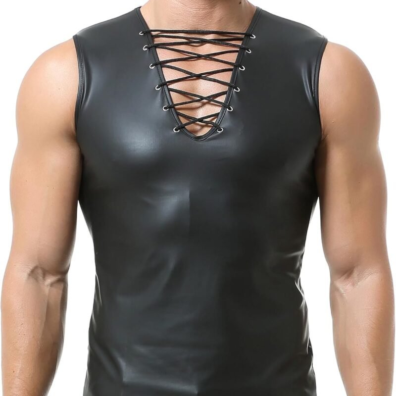 QiaTi Men's Faux Leather Undershirt Wetlook Tank Top Shirt Chest Lace Up Sleeveless Vest Sport Muscle