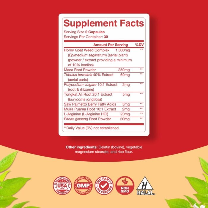 Pure Horny Goat Weed Extract with Maca Powder – Immune Support – Helps Increase Drive and Stamina – Booster for Men and Women Tongkat Ali Plus L-Arginine Increases Energy – 60 Capsules - Image 3