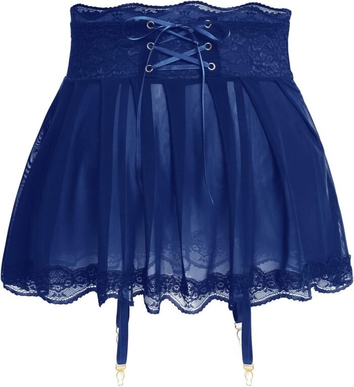 ABAFIP Men's Sissy Crossdressing Lingerie Sheer Mini Skirt with Garters Belt Strappy Lace Trim Tulle Micro Skirts Underwear - Image 2