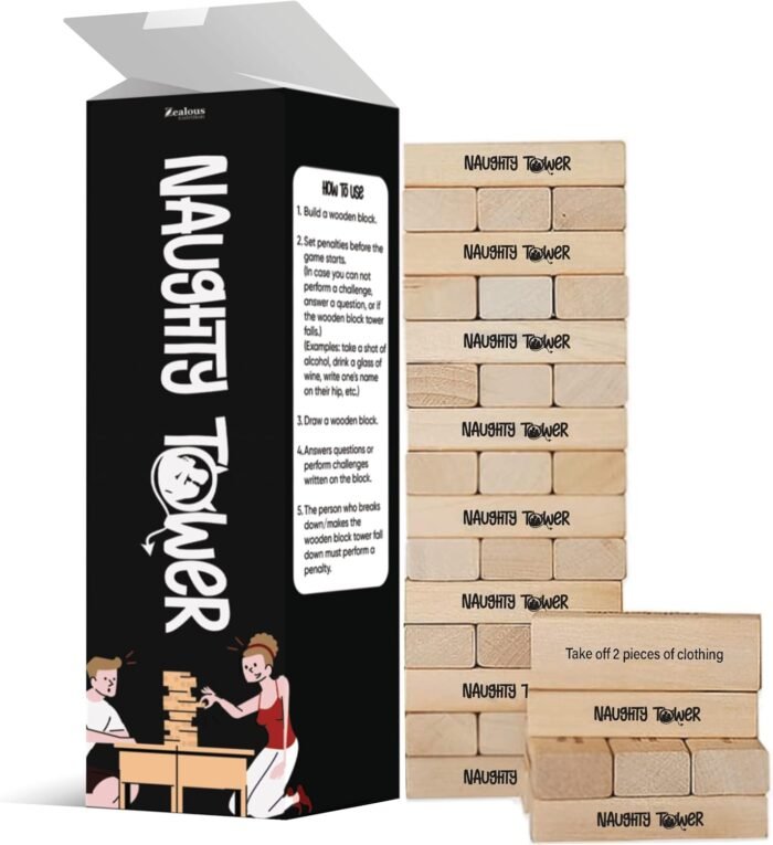Naughty Tower Stacking Wooden Block Game for Grown Ups – Couple Dare Questions – All Genders & Relationships – Exciting & Pleasing Lust - Couples Date Night Gift - Make Date & Game Night Fun (54 CT)