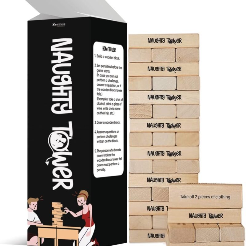 Naughty Tower Stacking Wooden Block Game for Grown Ups – Couple Dare Questions – All Genders & Relationships – Exciting & Pleasing Lust - Couples Date Night Gift - Make Date & Game Night Fun (54 CT)