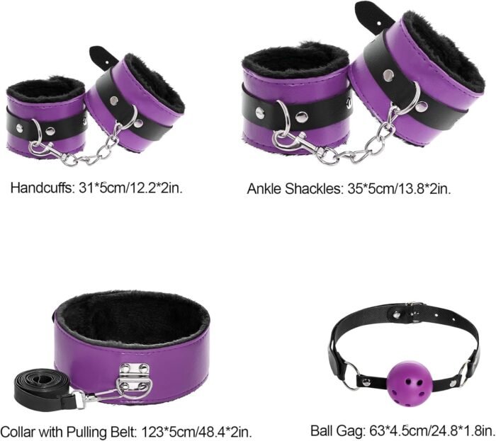 Rbenxia 12 PCS Sex Bondage BDSM Restraints Kits Fetish Handcuffs Ankle Cuff Collar Blindfold Whip Rope Nipple Clamps Paddle Anal Toys Ball Gag Adult Games Foreplay Sexy Toys Couples (Purple & Black) - Image 3