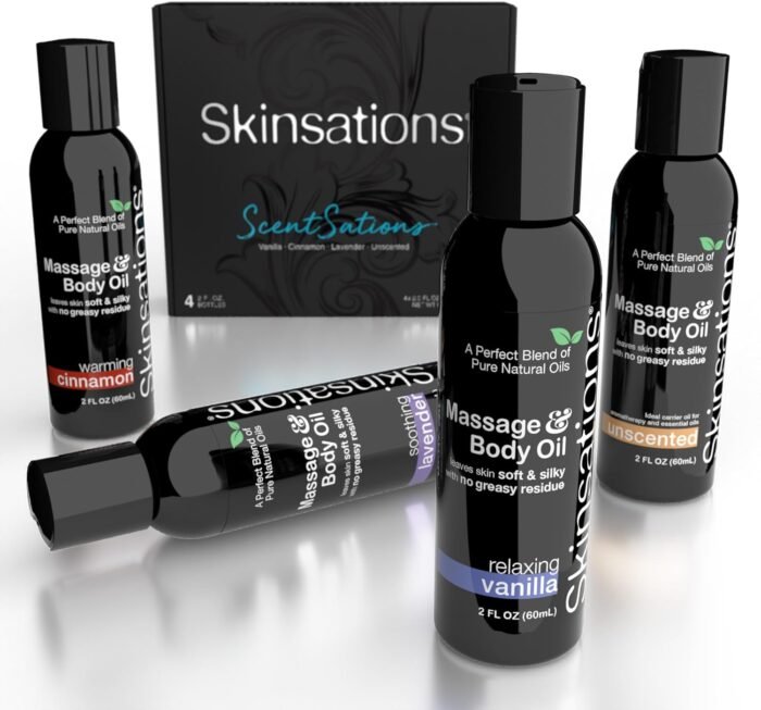Skinsations - Massage Oil Kit (Set of 4) Natural Scents of Vanilla, Cinnamon, Lavender in a Blend of Sweet Almond Oil, Fractionated Coconut Oil, Grapeseed Oil & Jojoba Oil Body Oil - Image 4